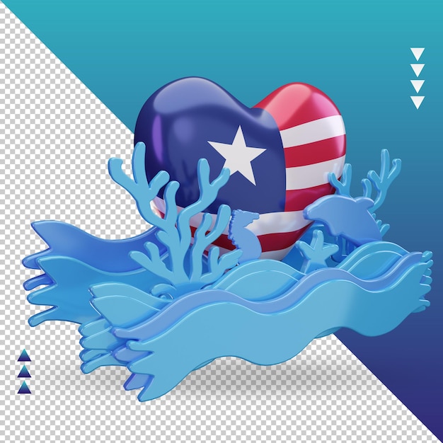 PSD 3d dia do oceano bandeira de amor da libéria renderizando a vista esquerda