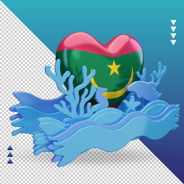 PSD 3d dia do oceano bandeira de amor da mauritânia renderizando a vista esquerda