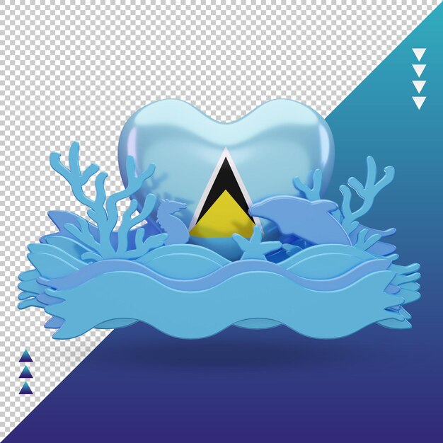 PSD 3d dia do oceano st lucia amor bandeira renderização vista frontal