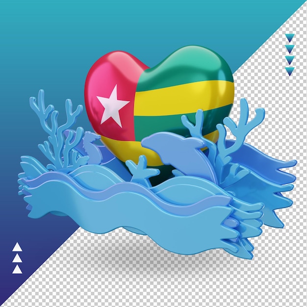 PSD 3d día del océano togo bandera de amor renderizado vista derecha