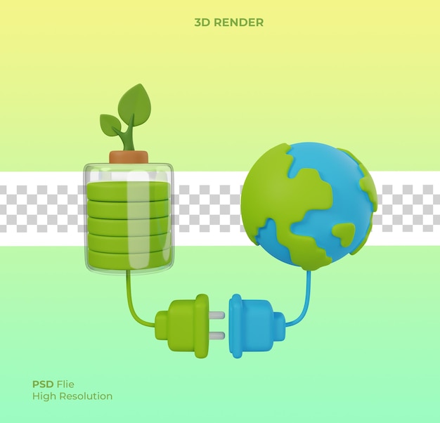 PSD 3d del día de la tierra save world environment concept carga de batería verde y globo con enchufe de alimentación