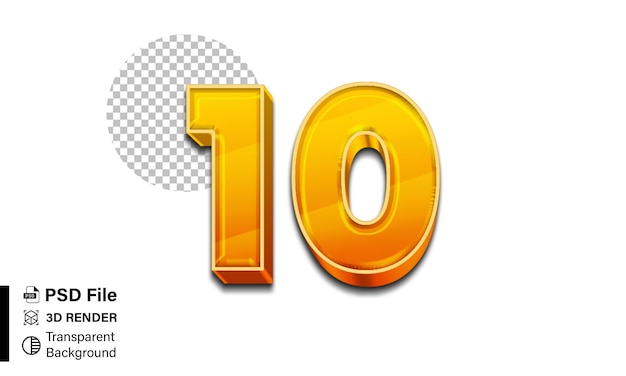 3d Dieci Numero 10 Gradiente arancione brillante isolato su sfondo trasparente