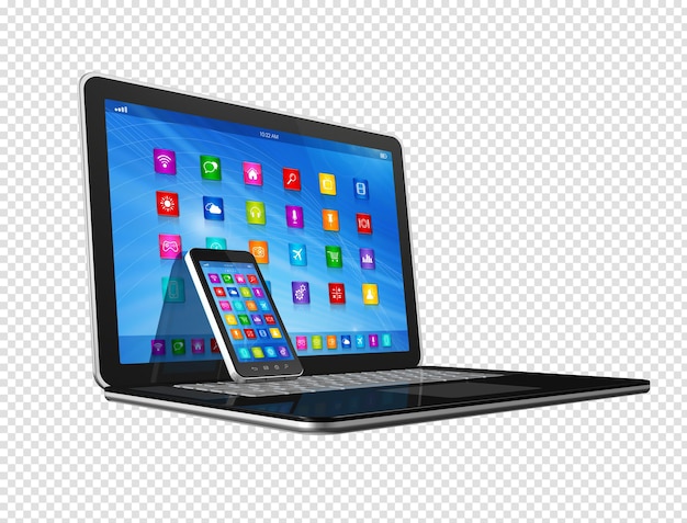 3D digital pc and phone with apps icons interface isolated