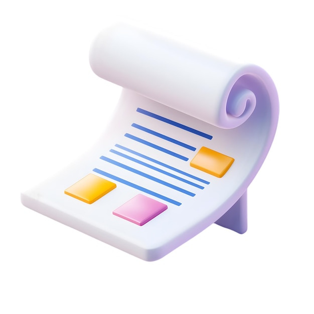 3D-Digital Scroll-Dokument mit farbenfrohen Blöcken und Linien Moderne Datenrepräsentation isoliert auf