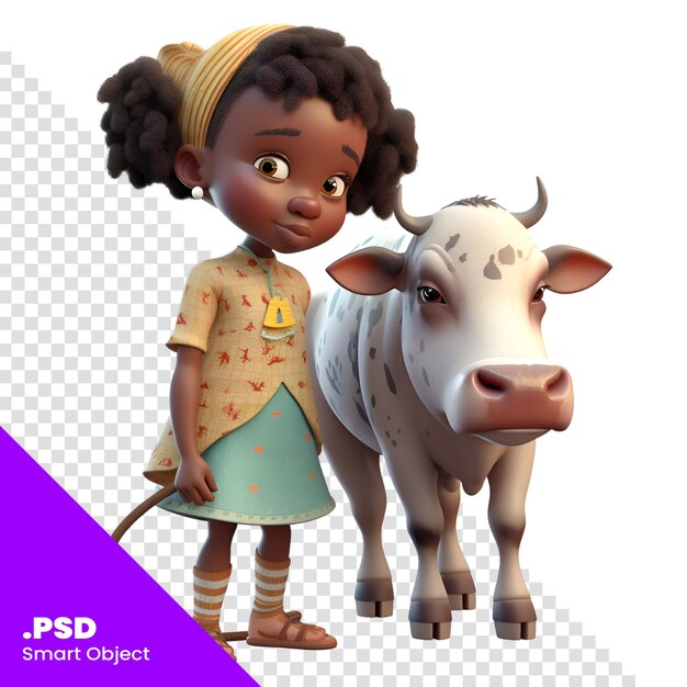 PSD 3d-digitale darstellung eines niedlichen kleinen afroamerikanischen mädchens mit einer kuh auf weißem hintergrund psd-vorlage isoliert