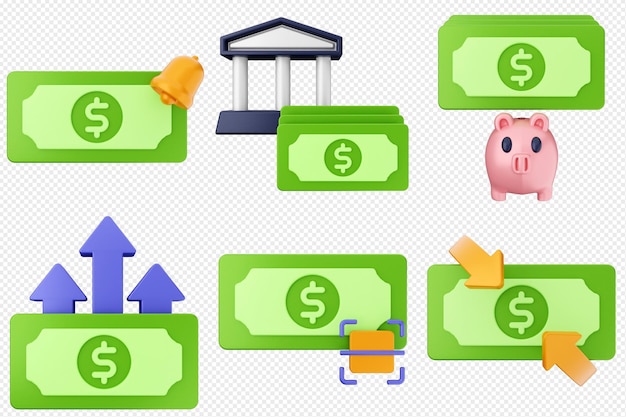 3d dinheiro dólar pagamento finanças negócio ícone conjunto pacote