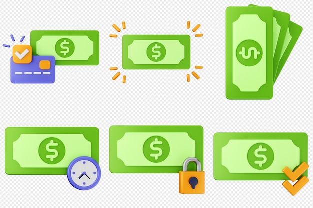 3d dinheiro dólar pagamento finanças negócio ícone conjunto pacote