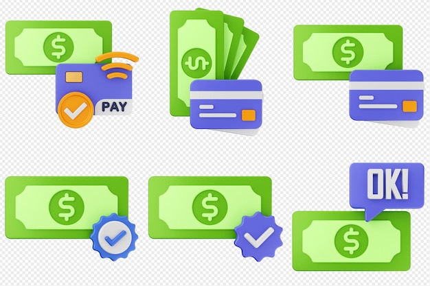 3d dinheiro dólar pagamento finanças negócio ícone conjunto pacote