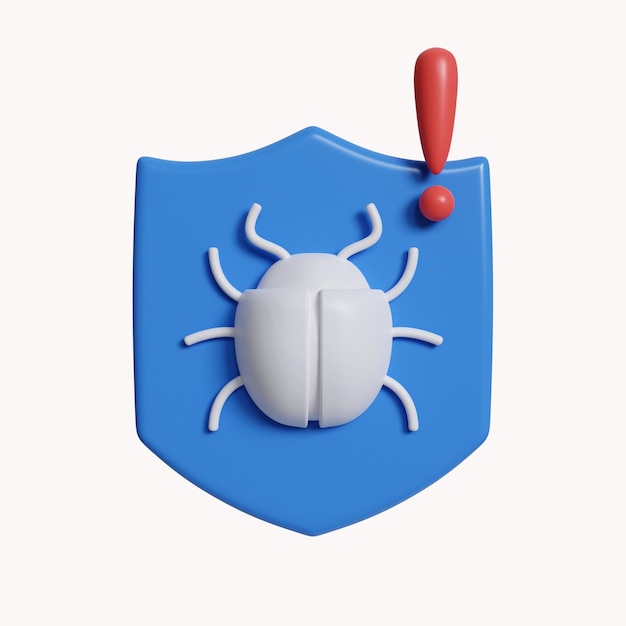 3d do escudo do conceito de segurança com ícone de antivírus do ampliador de verificação de vírus de bug isolado no fundo branco ilustração de renderização 3d Traçado de recorte