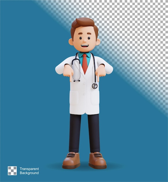 3D-Doktor-Charakter, der nach unten zeigt, geeignet für medizinische Inhalte