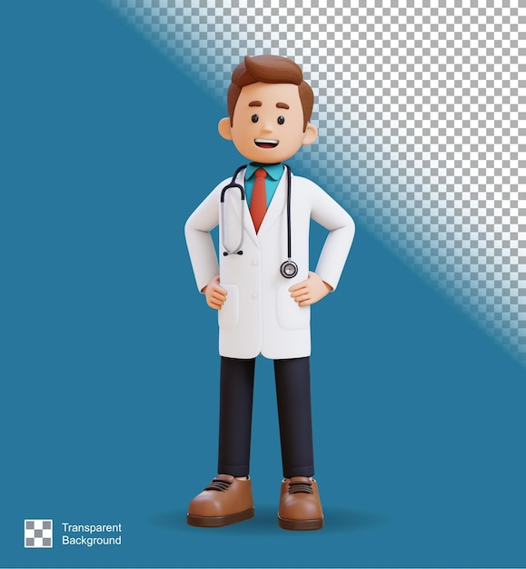 3D-Doktor-Figur, die mit der Hand auf der Hüfte steht, geeignet für medizinische Inhalte