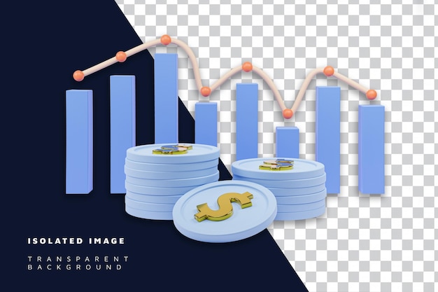 3D-Dollar-Stack und Economy-Säulendiagramm isolierter Hintergrund 3D gerendert