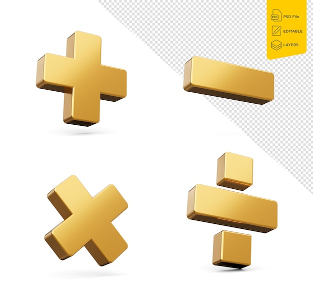 PSD 3d dorado brillante más menos signo de multiplicación y división aislado en fondo blanco ilustración 3d