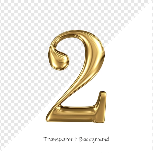 3D dorato numero 2 con sfondo trasparente