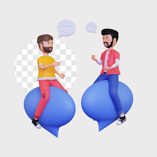 3d dos personajes masculinos que tienen una conversación mientras están sentados en una burbuja de chat