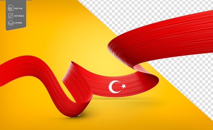 PSD 3d drapeau de la turquie 3d brillant agitant drapeau du ruban de turquie sur fond blanc illustration 3d