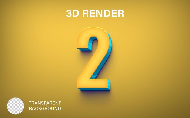 3d Due Numero 2 Colore giallo e blu isolato su sfondo trasparente