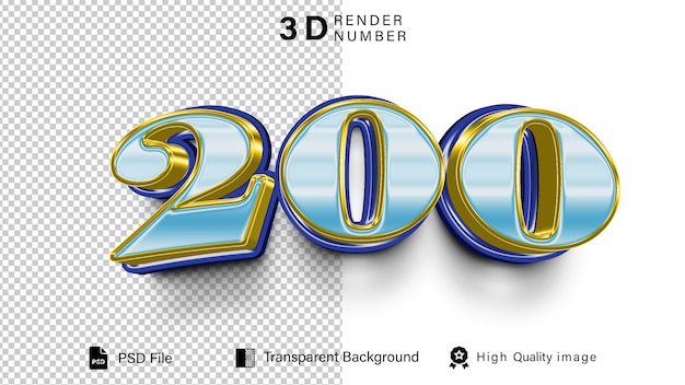 3d Duecento Numero 200 colore di luce blu isolato su sfondo trasparente