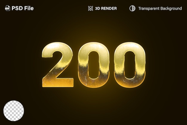 3d Duecento Numero 200 effetto dorato isolato su sfondo trasparente