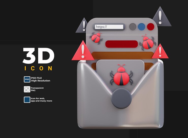 PSD 3d-e-mail mit spam- und bug-symbol