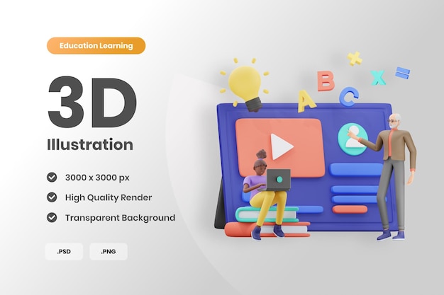 3D Education Learning School girl Apprentissage en ligne avec l'illustration de l'enseignant