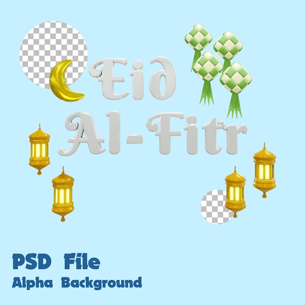 PSD 3d eid al fitr et ketupat et golden lantern et golden moon avec fond alpha