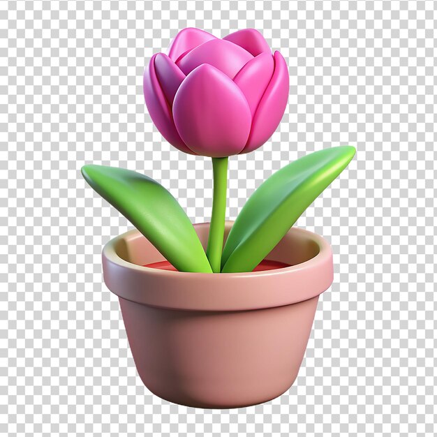 PSD 3d eine rosa tulpe auf einem blumentopf, isoliert auf durchsichtigem hintergrund