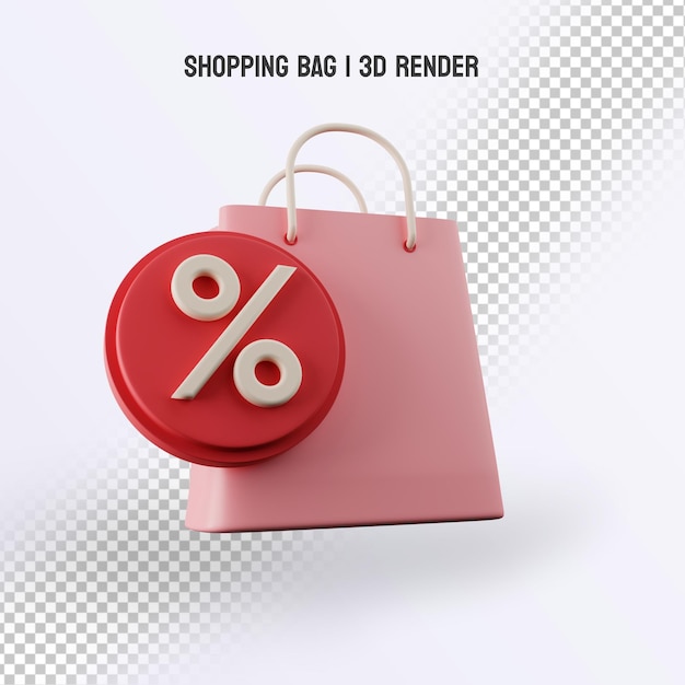 3D-Einkaufstasche in sanftem Rosa mit rotem Rabattangebot-Logo und transparentem Hintergrund