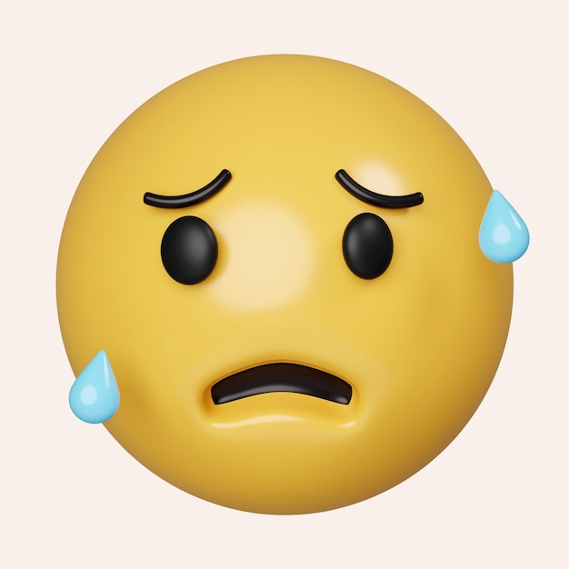 3d emoji ansioso con sudor emoticono preocupado con frente azul y sudor frío goteando icono aislado en fondo gris ilustración de representación 3d trazado de recorte
