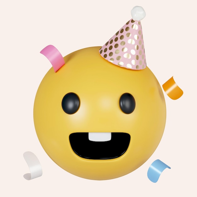 3d Emoticon emojis en sombreros de fiesta con elementos de celebración de confeti para el día de nacimiento icono de colección de personajes felices y divertidos aislados en fondo gris ilustración de renderización 3d Camino de recorte