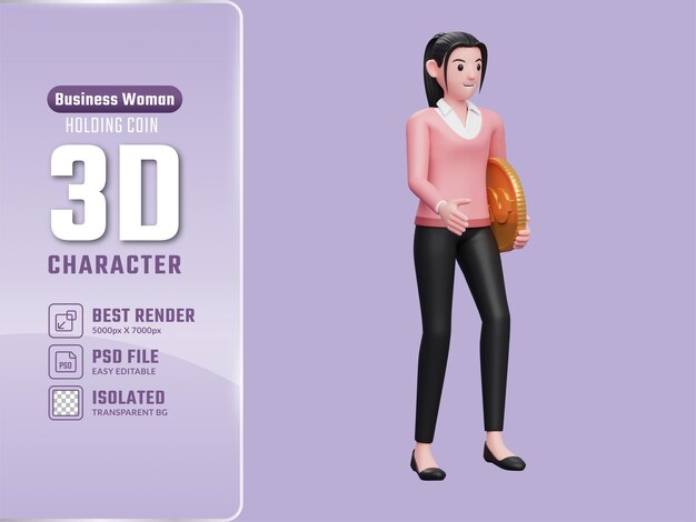 3d empresária na camisola rosa andar com moeda de dólar