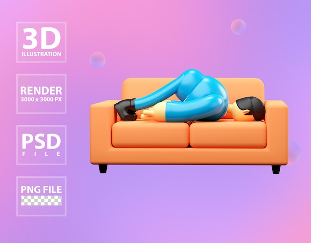 3D empresário cansado dormindo no sofá