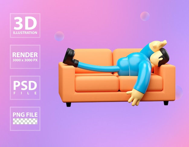 PSD 3d empresário cansado dormindo no sofá