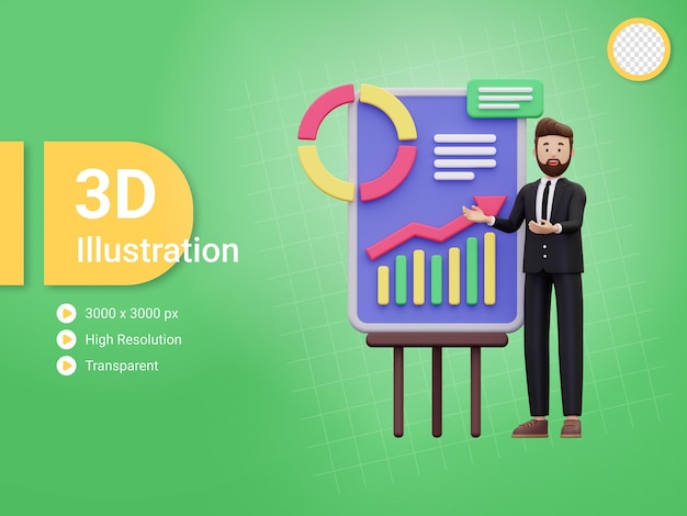 PSD 3d empresario dando presentación con ilustración de estadísticas