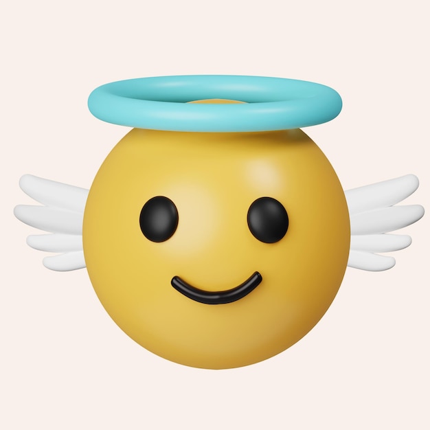 PSD 3d-engel-emoticon heiliger emoticon mit nimbus glückliches gelbes gesicht mit halo-ikonen über dem kopf, isoliert auf grauem hintergrund 3d-rendering-illustration