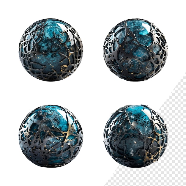 PSD 3d esfera azul y negra con formaciones orgánicas de copos de metal