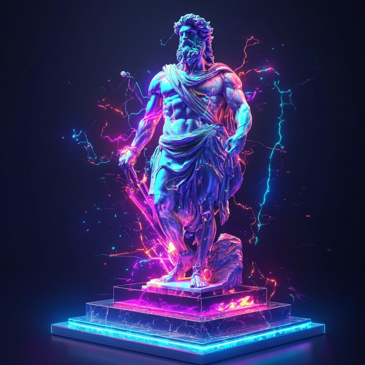 PSD 3d estatua de zeus ilustración holográfica kualitas hd