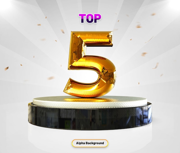3d estilo dorado número 5 con podio