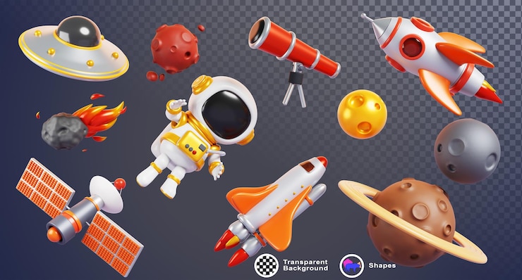 PSD 3d extraterrestre ufos planètes astronaute fusée navette sur le fond de l'espace extérieur render jeu de dessins animés d'un astronaute enfantin vaisseau spatial télescope satellite chute de météorite dans le cosmos