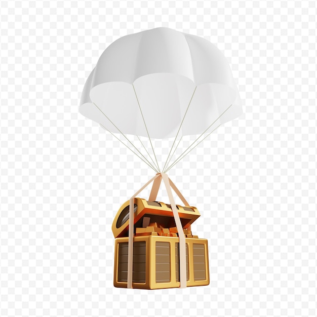 3D-Fallschirm mit einer Brust mit Goldbarren isoliert 3D-Rendering