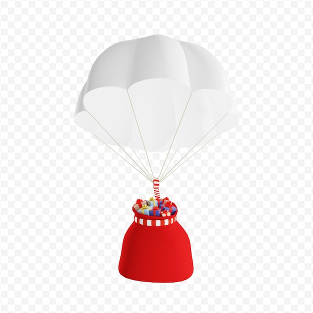 3D-Fallschirm mit einer Weihnachtsmann-Tasche mit Geschenken isoliert 3D-Rendering
