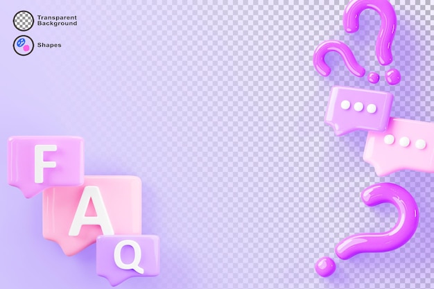 3d-FAQ-Sprachblasen-Symbole geben einen lila Hintergrund für die Frage-Antwort-Kommunikation, soziale Dialog-Banner mit farbigen rechteckigen Chat-Nachrichtenschachteln, Fragen- oder Zweifelszeichen und leeren Raum.
