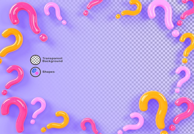 3D-farbige Fragezeichen-Rahmen auf lila-Render-Hintergrund Konzept von Schulbildung Fragebogen oder Quiz Banner-Vorlage mit Grenze von Fragenzeichen-Symbolen und leerem Raum für Text