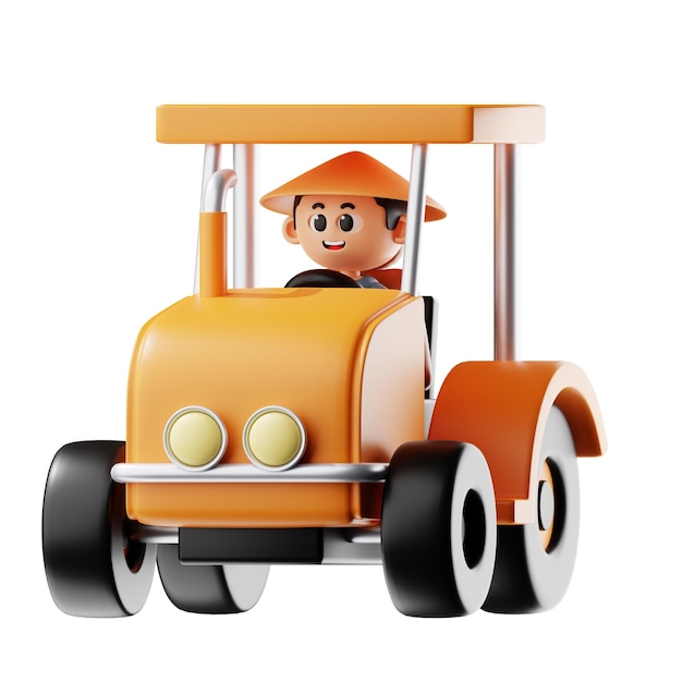 3d Farmer Boy With Straw Hat Driving Tractor