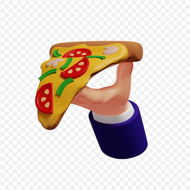 PSD 3d fatia de pizza com cogumelos na mão entrega de pizza isolada ilustração renderização em 3d