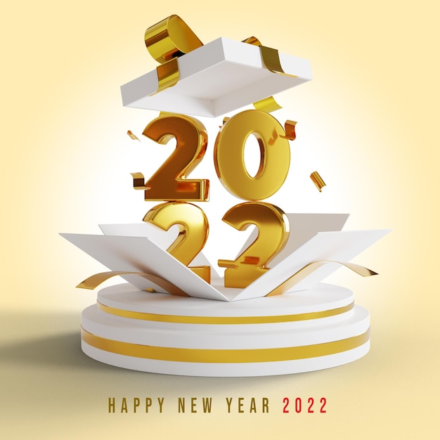 3d felice anno nuovo sfondo 2022 con confezione regalo e numero d'oro