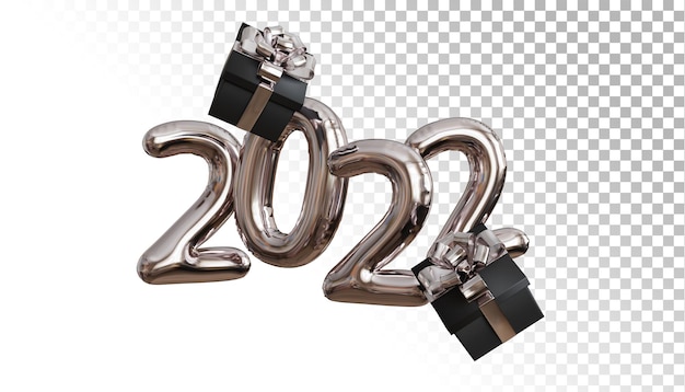 3d feliz año nuevo 2022 número plateado con fondo transparente