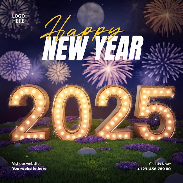 3d Feliz año nuevo 2025 Celebración colorida Diseño de neón plantilla de publicación de redes sociales