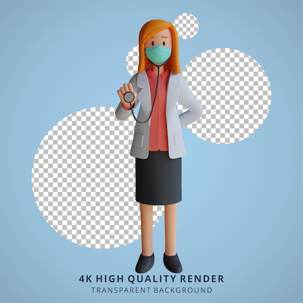 3d Female Doctor Portant Un Masque Tenant Une Illustration De Conception De Personnage De Stéthoscope