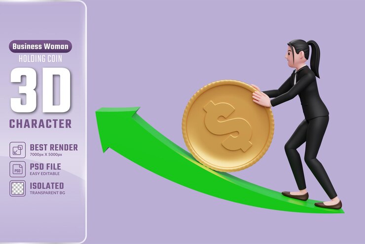 PSD 3d, femme affaires, dans, costume formel, pousser, dollar, or, pièce, haut, croissant, vert, flèche